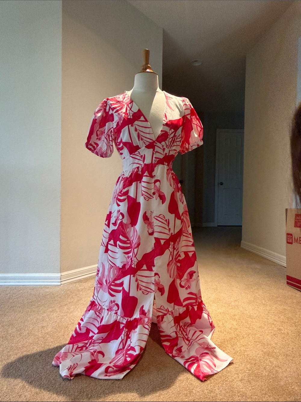 Amazon Pink & White Tropical V-Neck Maxi Dress